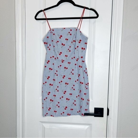 Urban Outfitters Cherry Dress Size 0 Linen Blend Blue Red - Picture 4 of 10